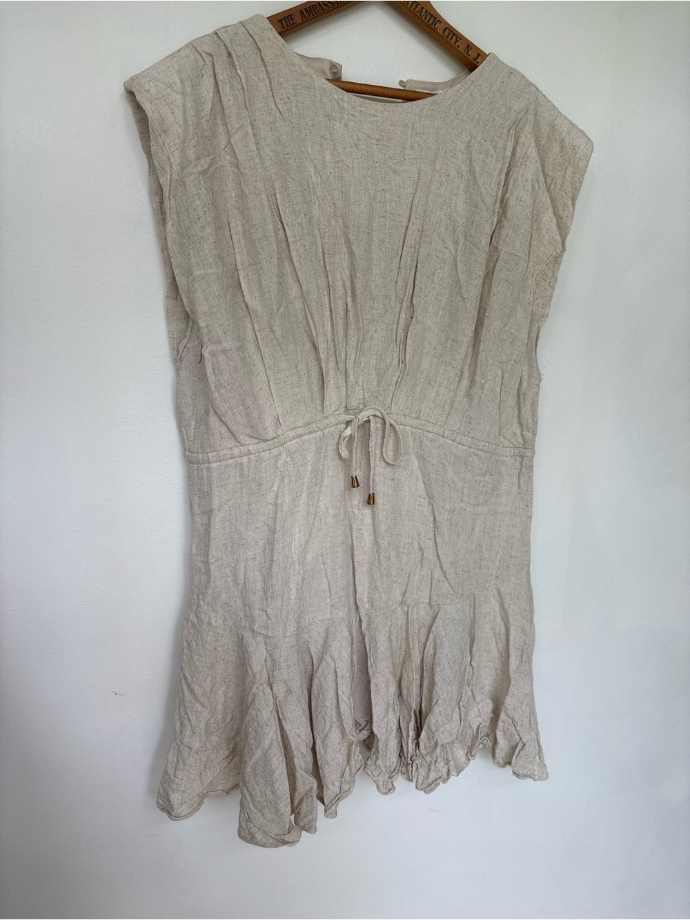 Bobbles & Lace Light Beige Linen Mini Dress with Drawstring Waist